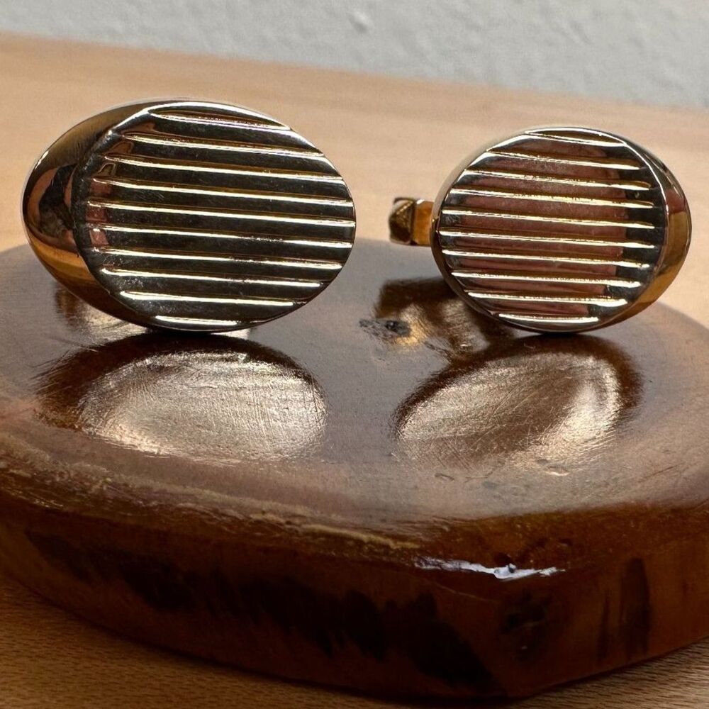 Vintage SWANK Gold Tone Ribbed Striped Bullet Back Cufflinks Formal Jewelry